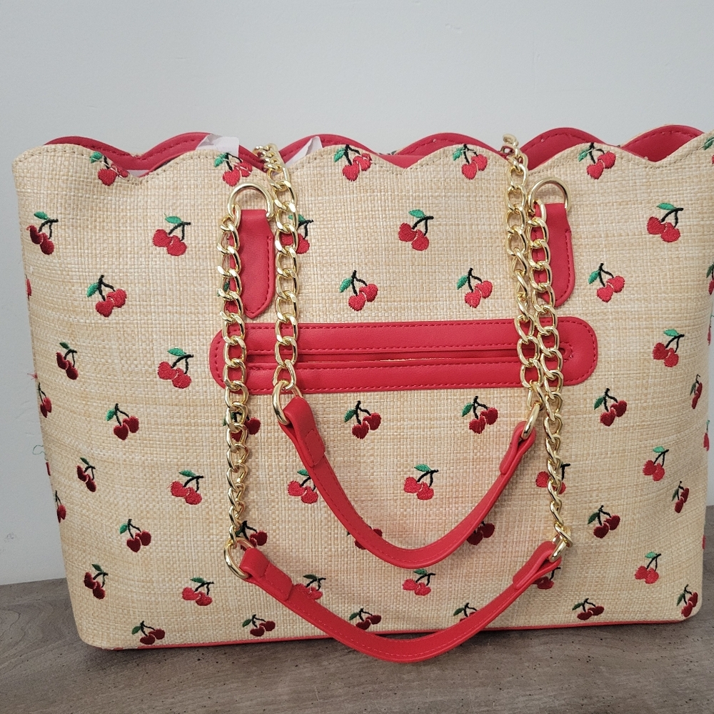 Betsey Johnson cherry print tote bag with charms - Picture 7 of 8